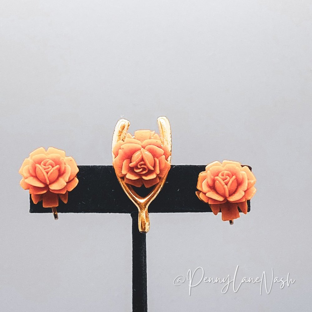 Vintage Peach Rose & Rose Wishbone Earrings & Brooch Set